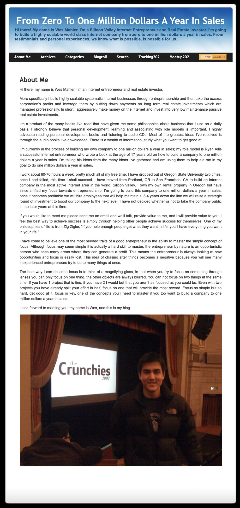 Screenshot of the original wesmahler.com About Me page from 2008