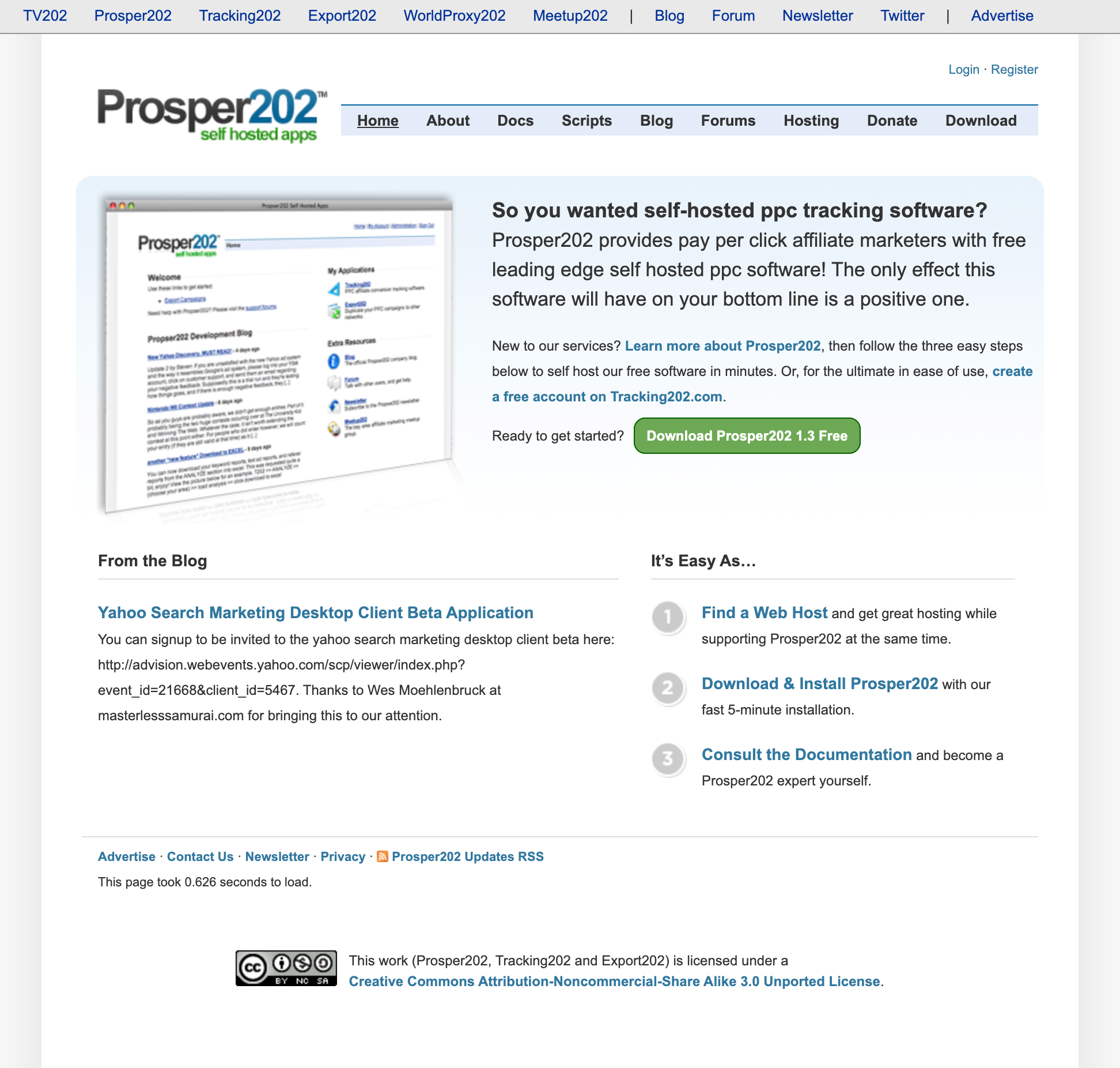 Screenshot of the Prosper202 apps page linking to Tracking202