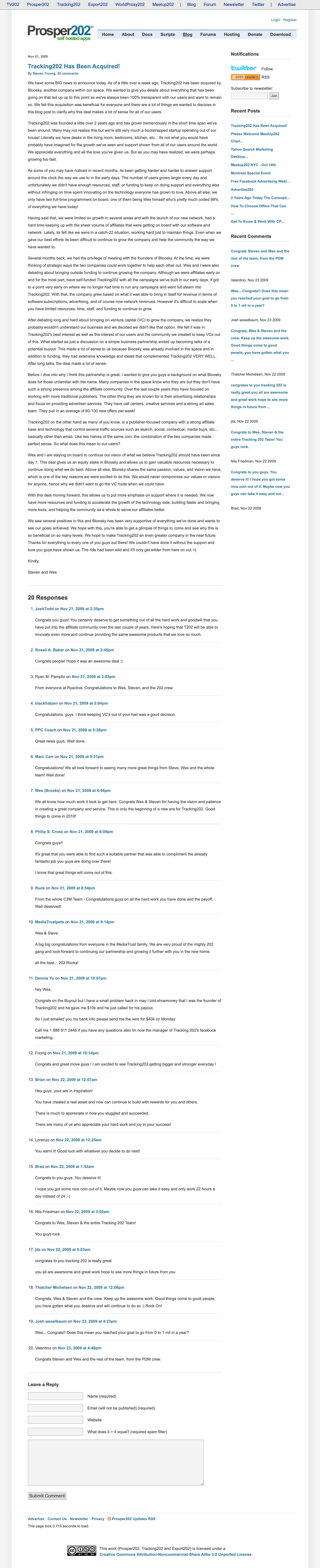 Screenshot of the official Tracking202 acquisition announcement