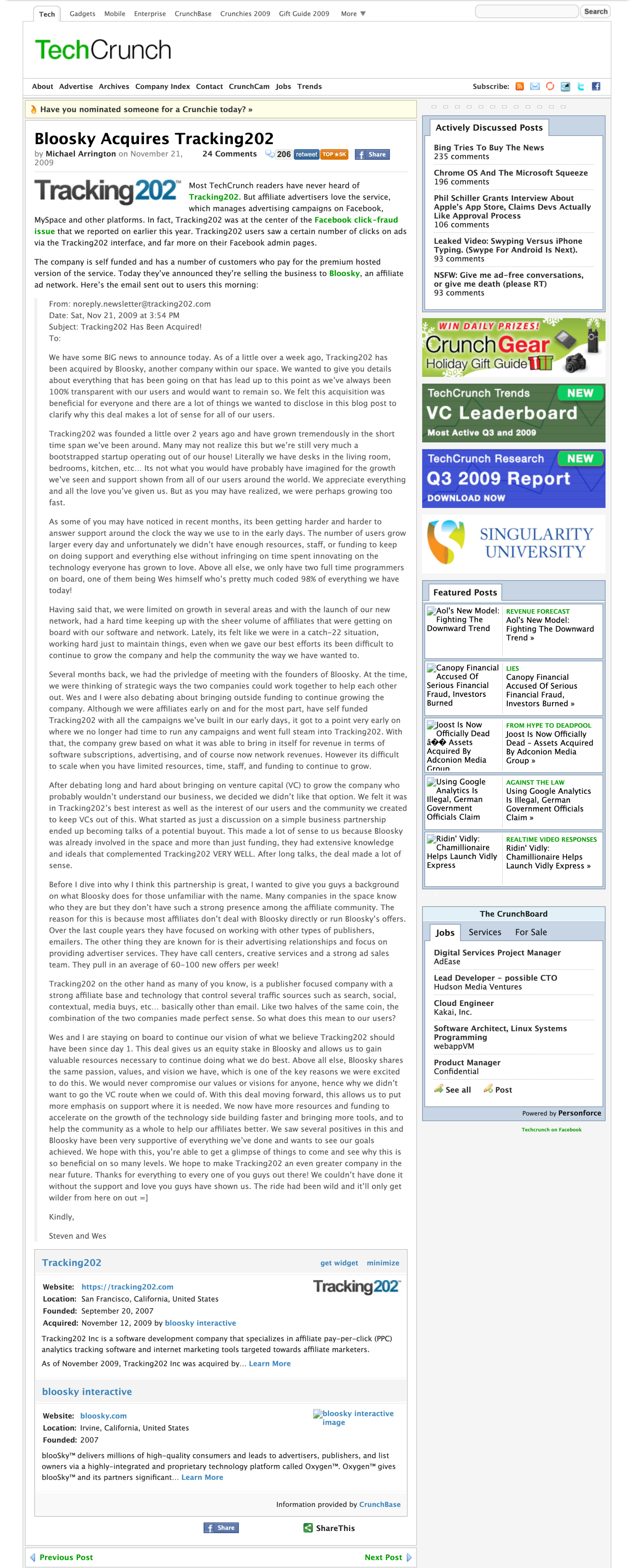 Screenshot of the Techcrunch announcing Tracking202 acqusition