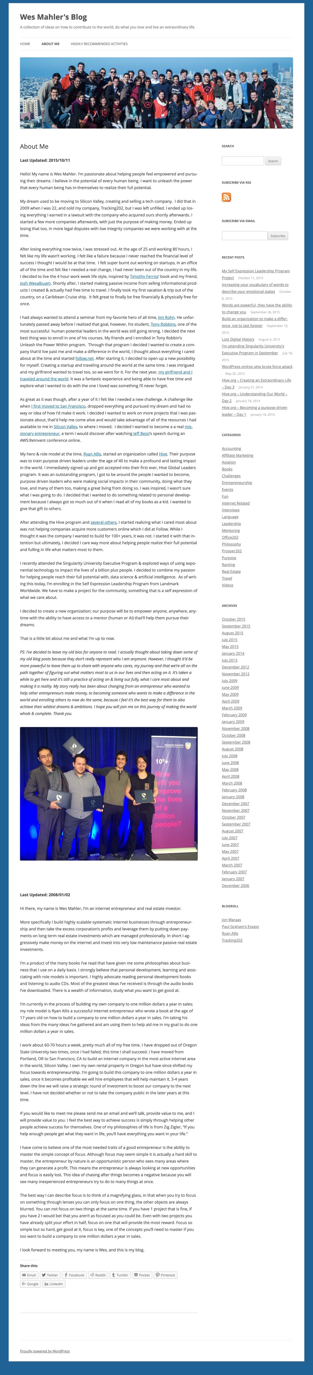 Screenshot of the original wesmahler.com About Me page from 2015